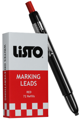 A box of red marking pencil refills with a Listo pencil standing up against it.
