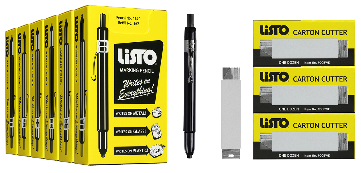 A box of listo pencils and a box of listo carton cutters