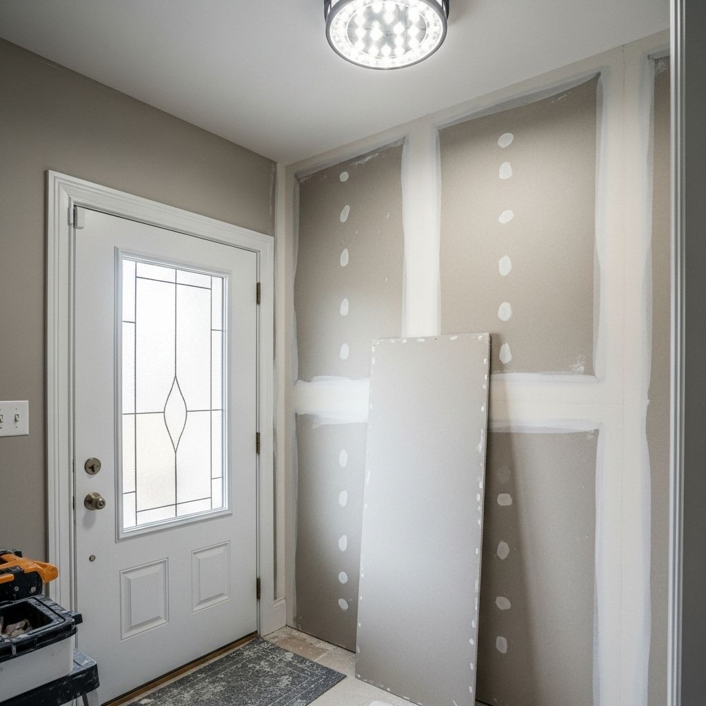Small hallway with a white front door, unfinished drywall patches, and a standing board leaning against the wall.