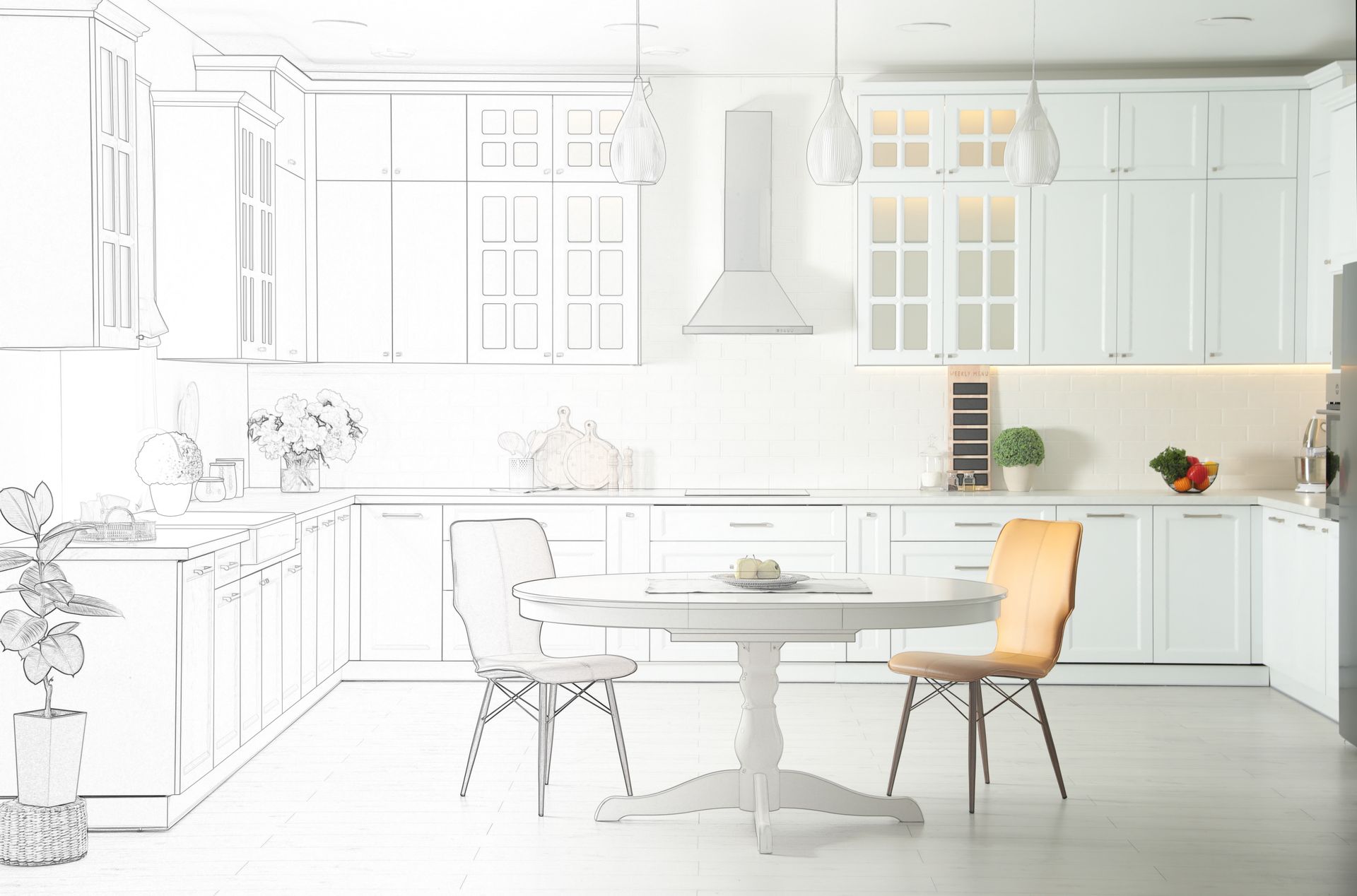 A drawing of a kitchen with white cabinets and a table and chairs.