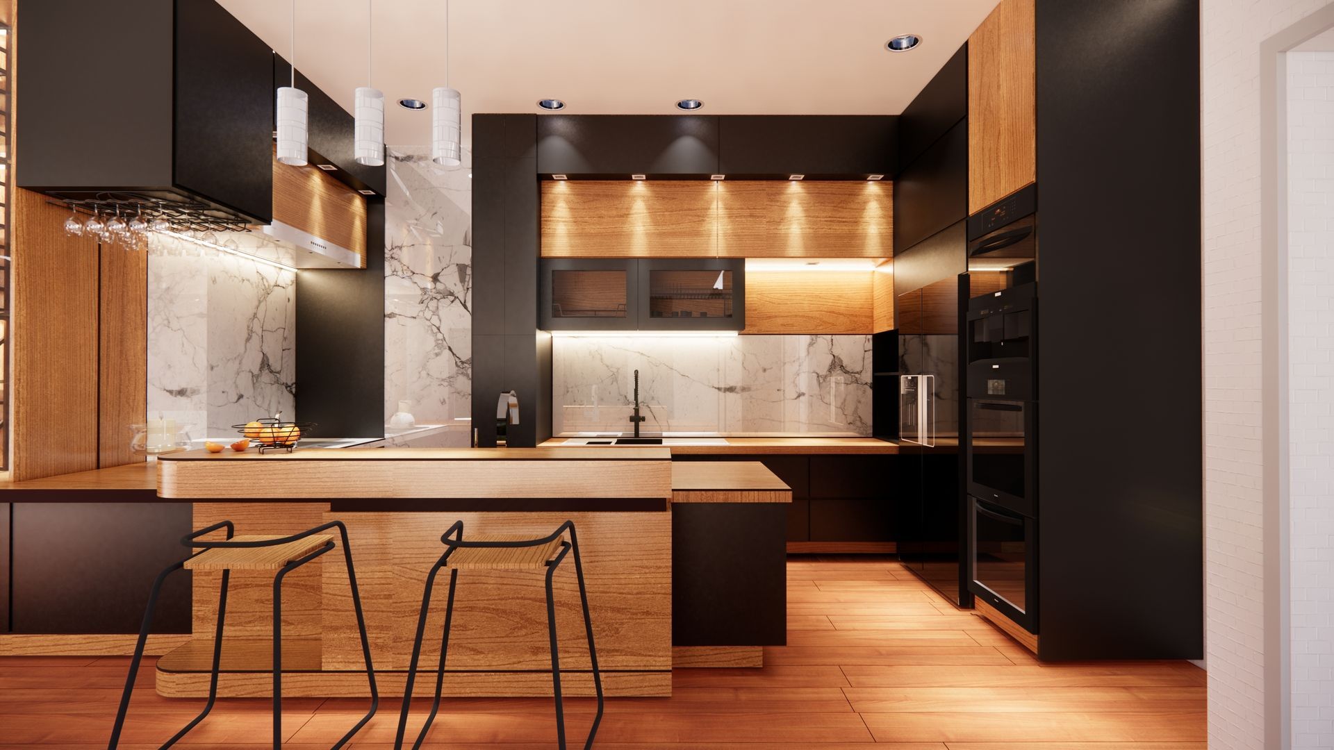 A modern kitchen with black cabinets and wooden counter tops.