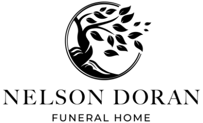 Nelson Doran Funeral Home logo with stylized tree and leaves in black and white