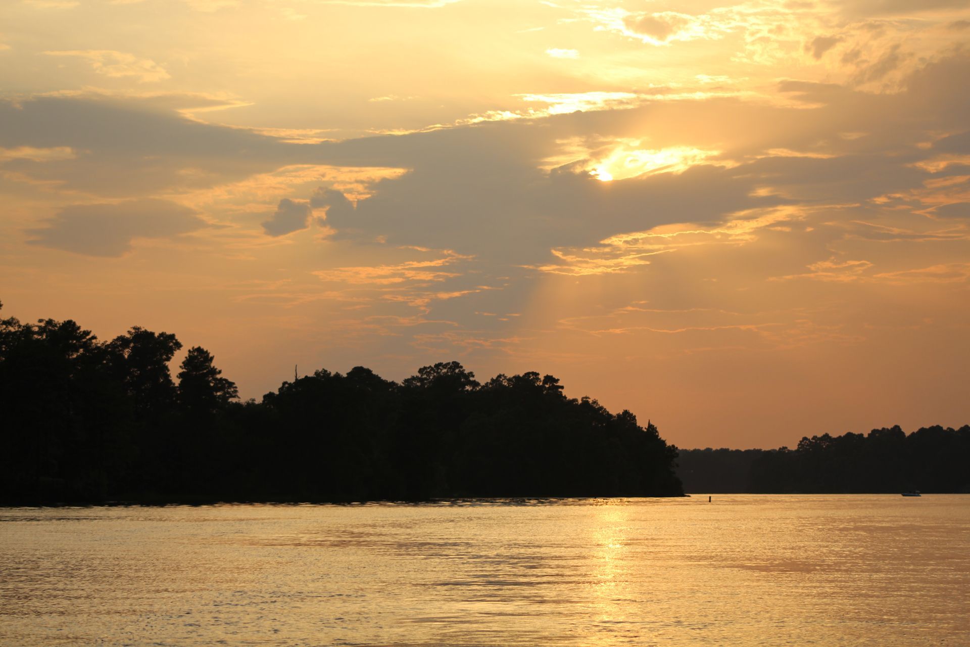 Golden sunset over a calm river with dark silhouetted trees and glowing clouds