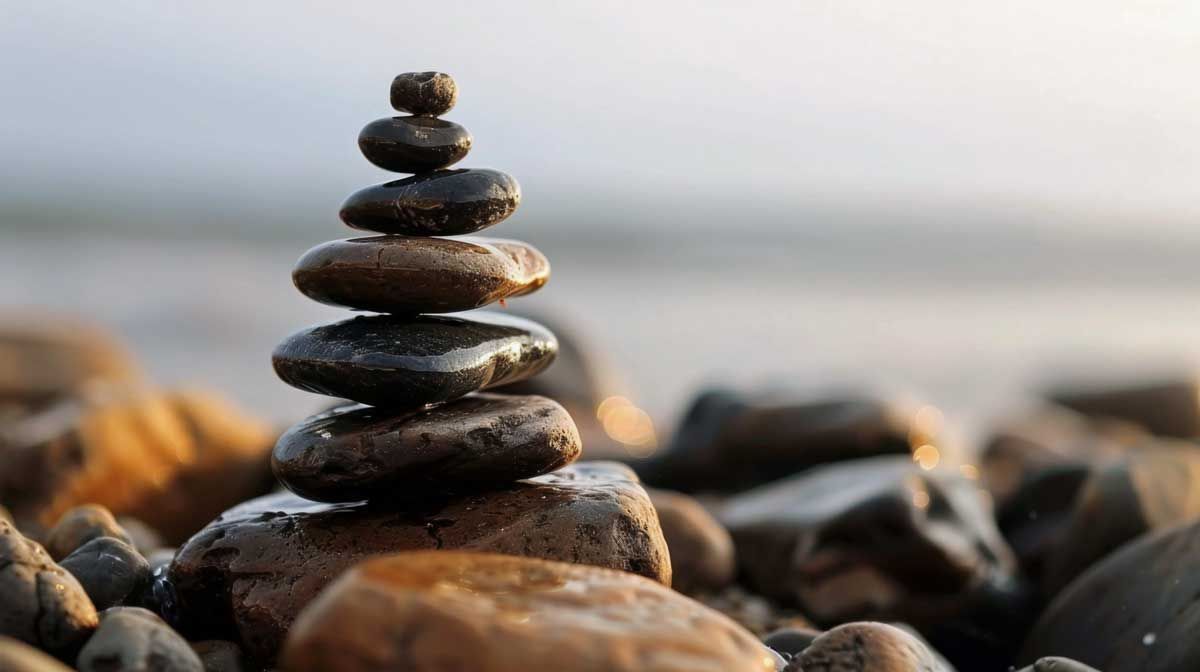 Stacked stones balanced on a pebble beach with a blurred shoreline in the background