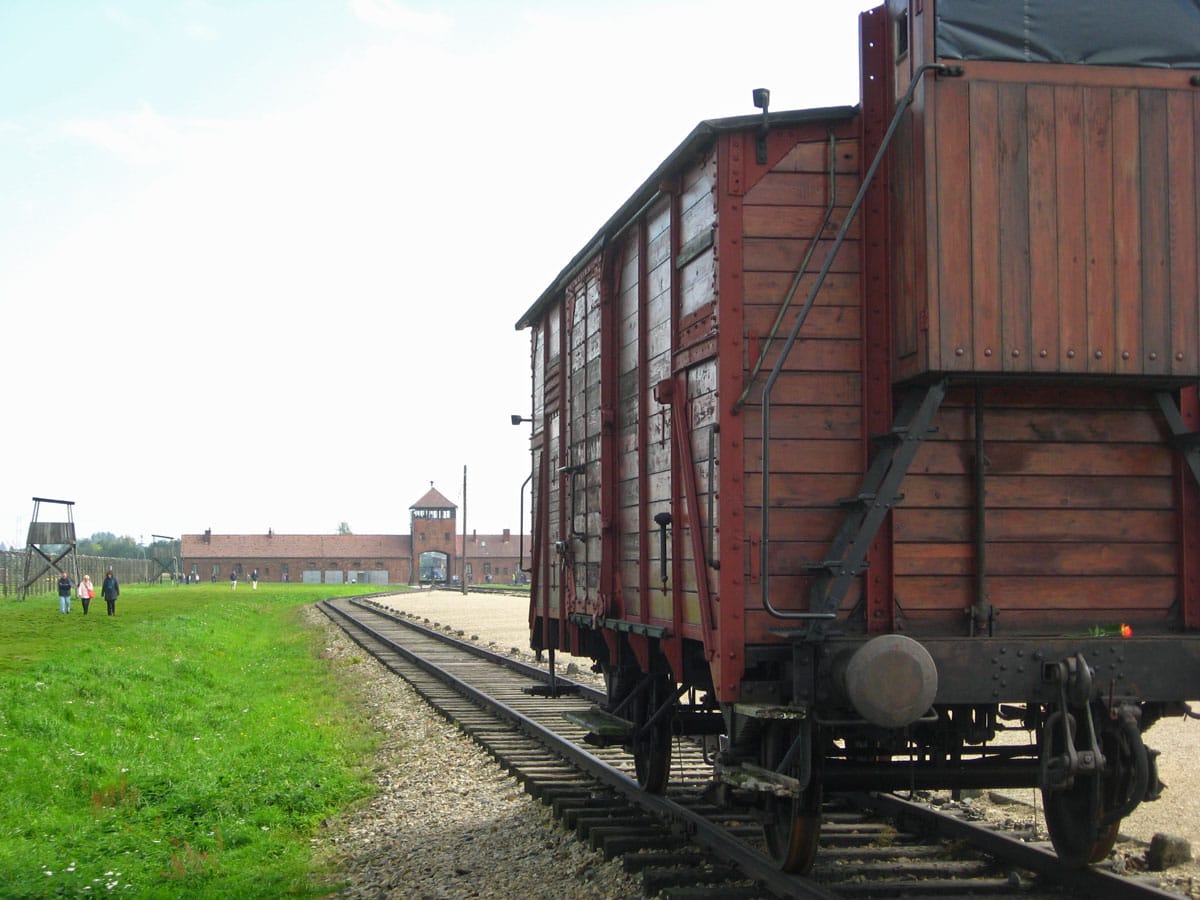 Red freight train cars on tracks beside a grassy field and old brick buildings