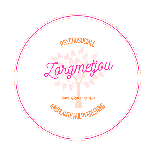 Pink circular logo with “Zorgmetjou,” “psychosociale,” and “ambulant hulpverlening” around a faint tree