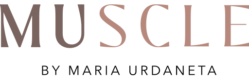Logo reading “MUSCLE” with smaller text “BY MARIA URDANETA” underneath in muted brown and black.