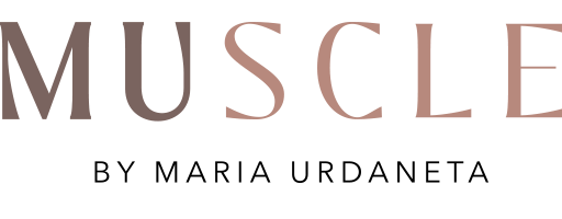 MUSCLE logo with “BY MARIA URDANETA” in brown lettering on a white background