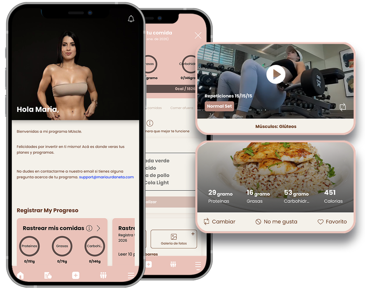 Fitness app mockups on three smartphones, showing a workout video, profile screen, and meal tracking interface