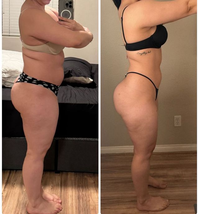 Side-by-side mirror view of a person in black underwear showing a side profile in a bedroom.