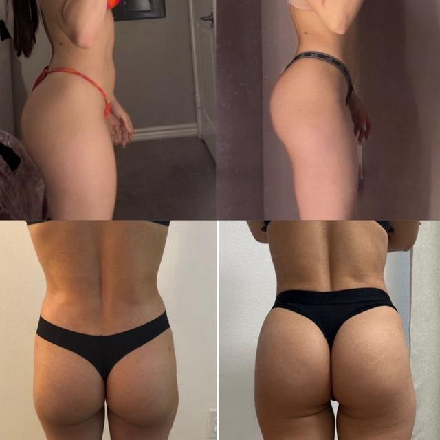 Collage of four side-view and rear-view body photos in black and red underwear, showing posture and figure.