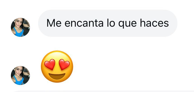 Chat message in Spanish saying “Me encanta lo que haces” with a heart-eyes emoji