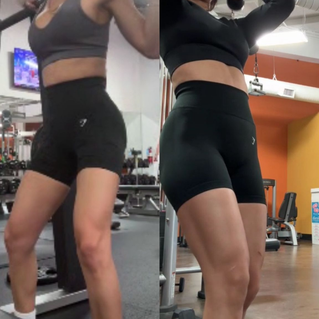Two people in black workout clothes exercising in a gym, with a mirror and equipment in the background.