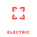 A red and white logo for electric with a white background.