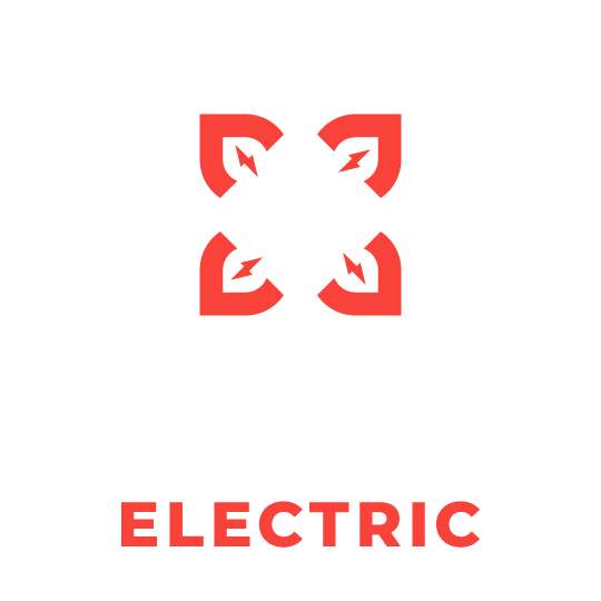A red and white logo for electric with a white background.