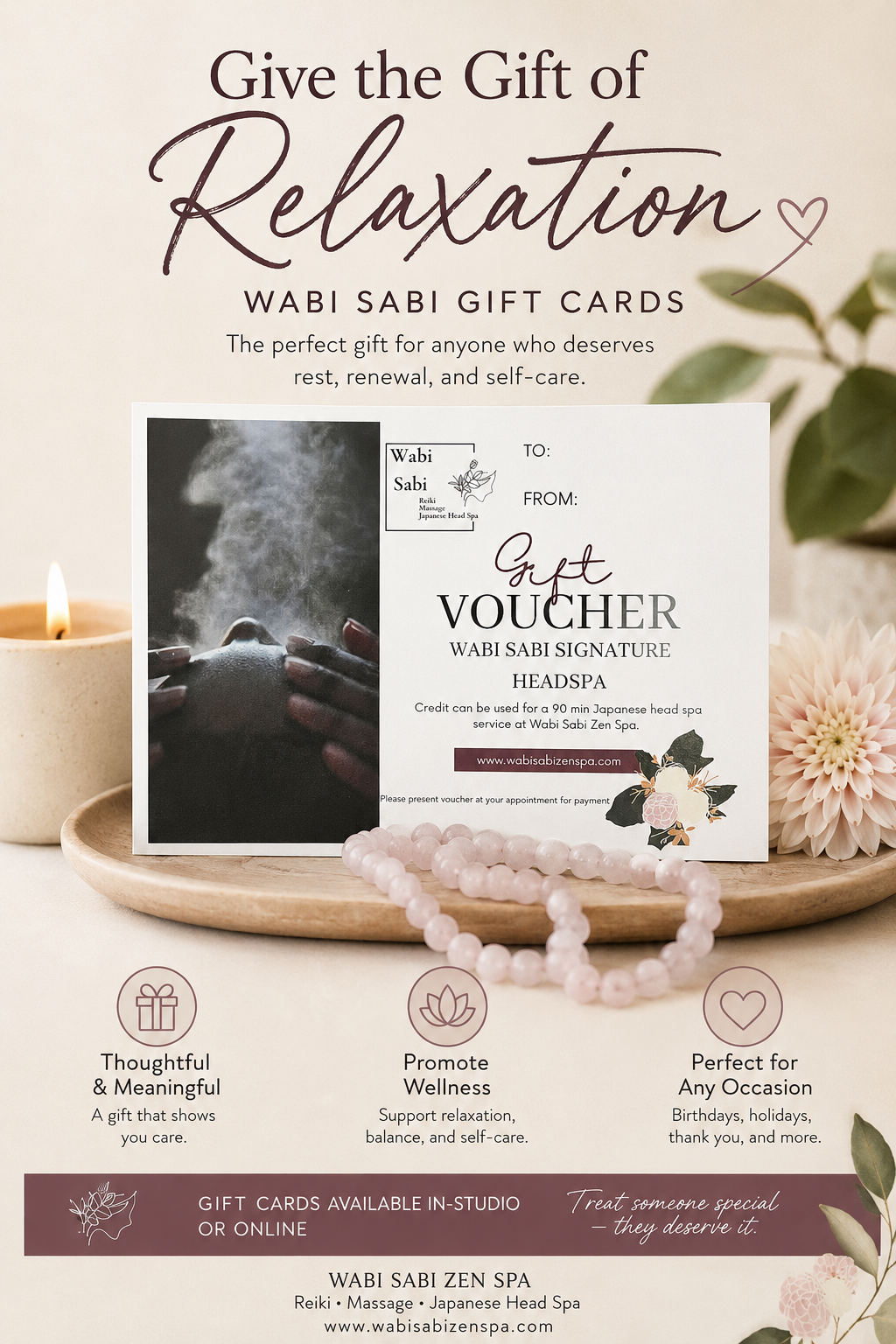 Spa gift card promotion with candles, flowers, and a pink “Relaxation” theme