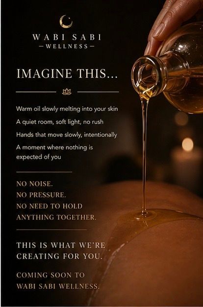 Spa oil being poured onto a bare back beside text reading “Imagine this” and “Wabi Sabi Wellness.”