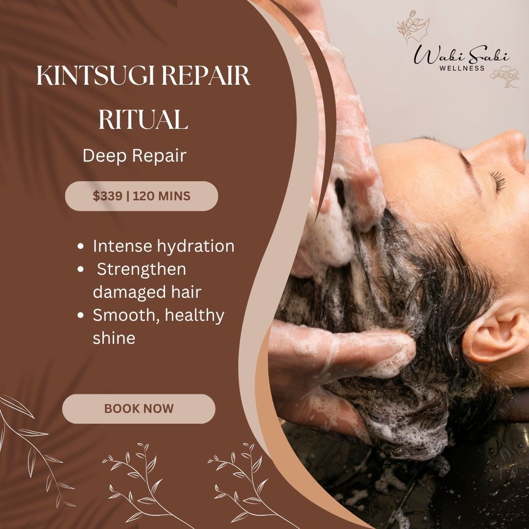 Brown kintsugi repair ritual ad with woman washing hair and text on deep repair, hydration, shine