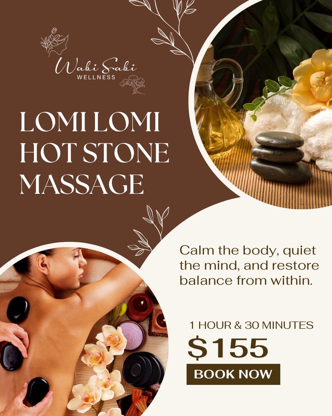 Lomi lomi hot stone massage ad with spa stones, flowers, and $155 for 1 hour 30 minutes book now