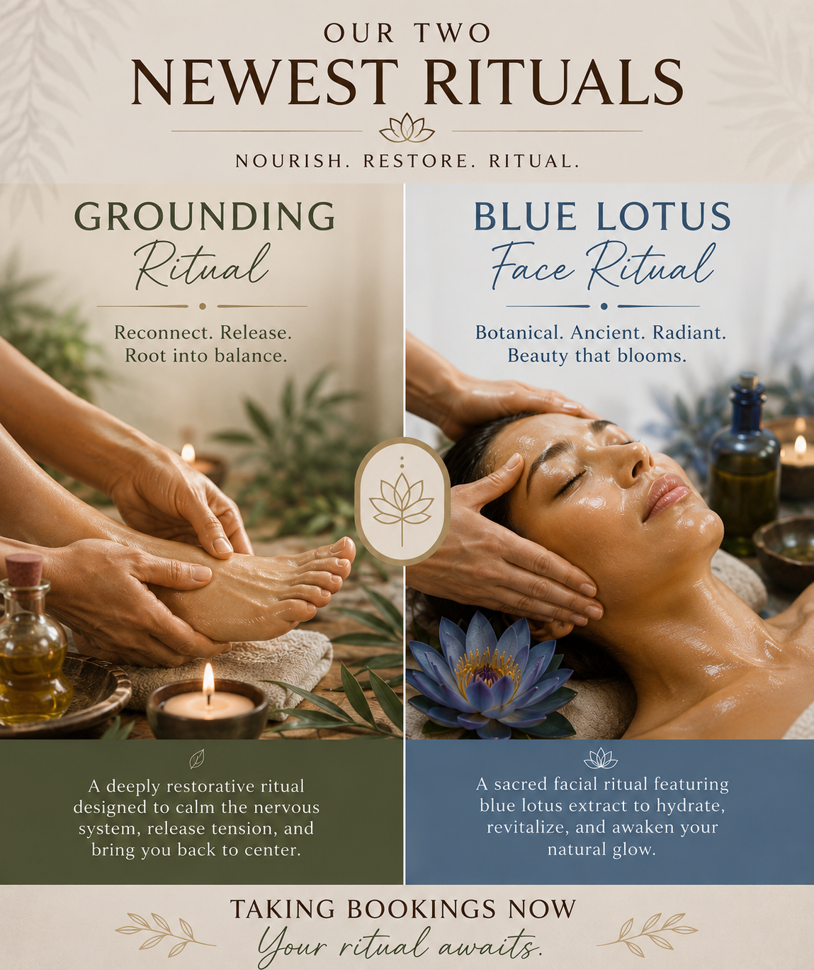 Spa flyer for two new rituals: grounding and blue lotus face ritual, with booking now text