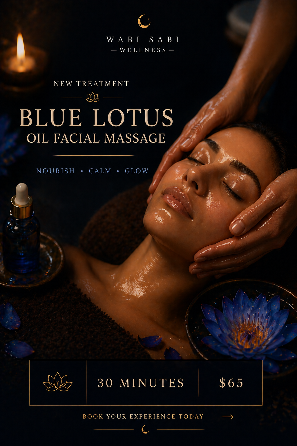 Blue lotus oil facial massage ad with a relaxing woman, candles, and blue flower on a dark spa background