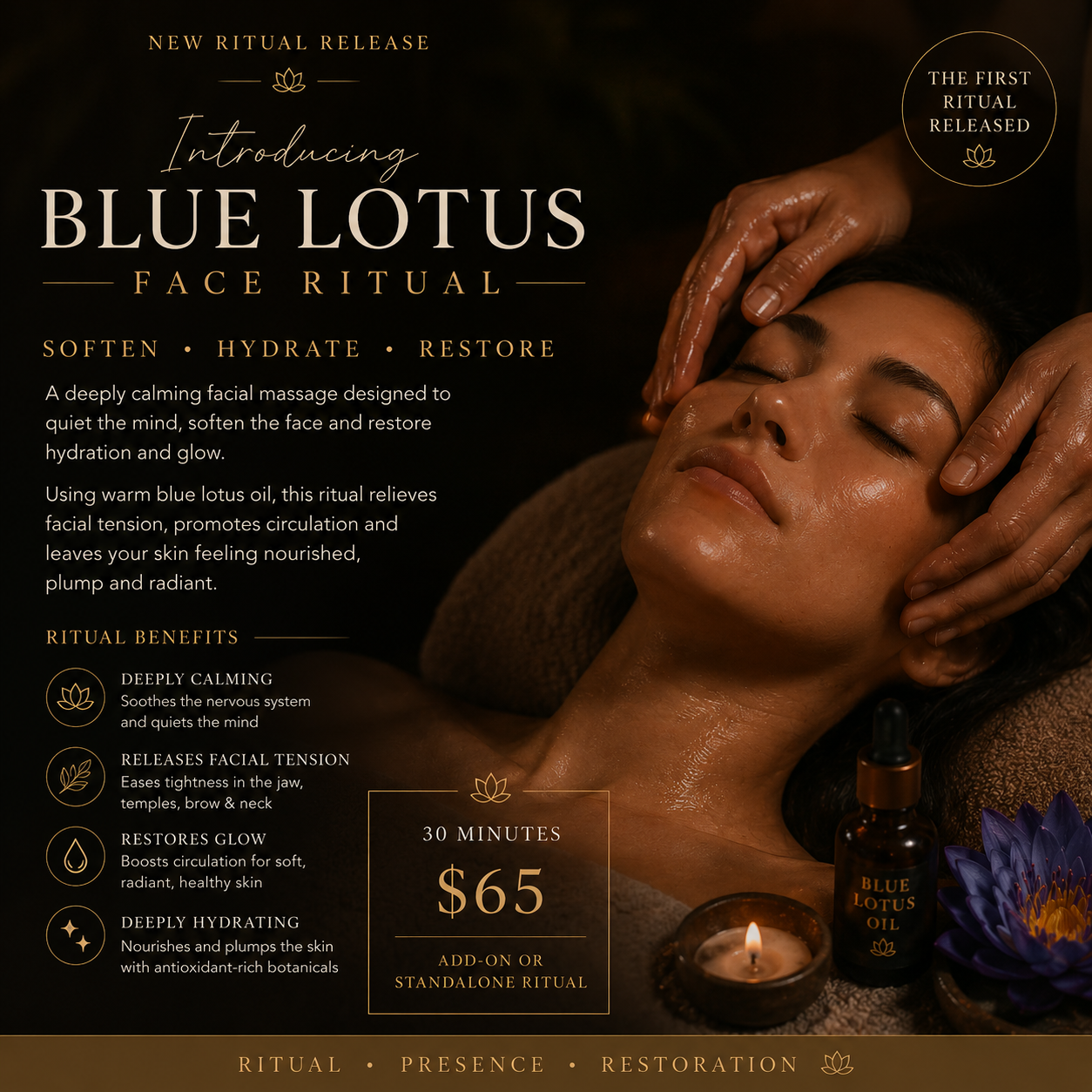 Luxury Blue Lotus facial product ad with glowing woman, dark floral background, and $65 price tag