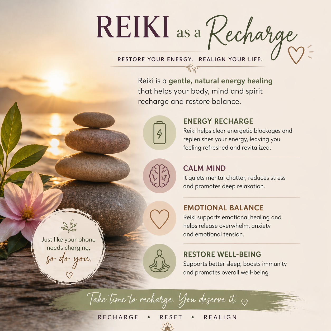 Reiki infographic with stacked stones at sunset and benefits like energy recharge, calm mind, and emotional balance