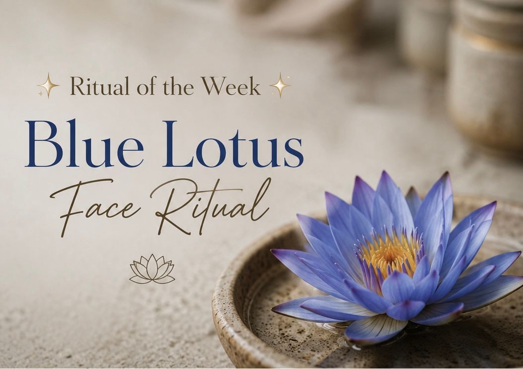 Blue lotus face ritual text beside a blue lotus flower in a stone bowl