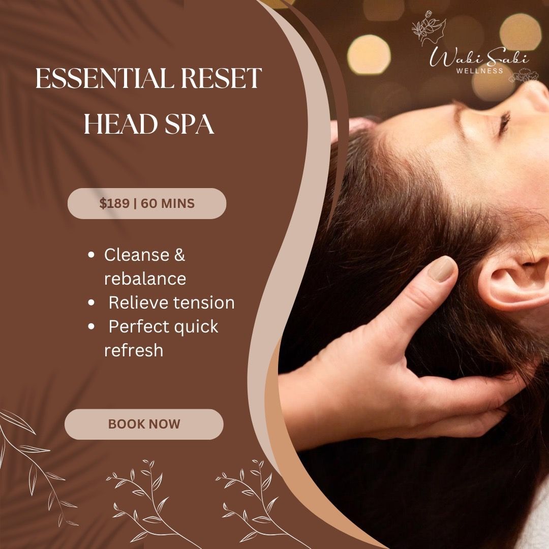 Essential Reset Head Spa ad with head massage, brown tones, and text highlighting cleansing and relaxation