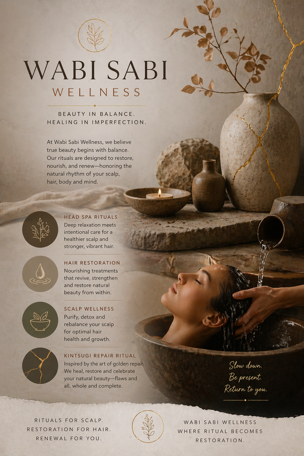 Spa ad for Wabi Sabi Wellness featuring a woman in a stone bath with earthy decor and warm neutral tones