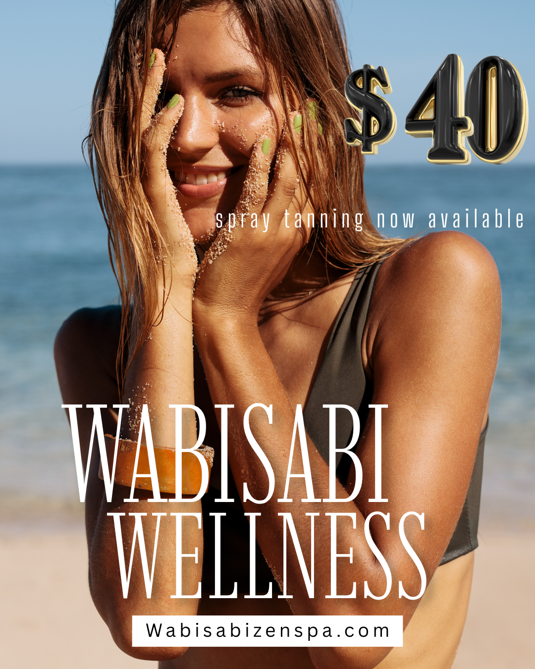 Wabisabi Wellness ad with smiling woman on a beach, $40 promo, and “same tanning now available” text