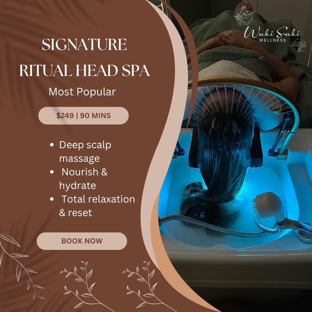 Ritual head spa promo with blue-lit scalp massage and brown text listing deep scalp massage and relaxation.