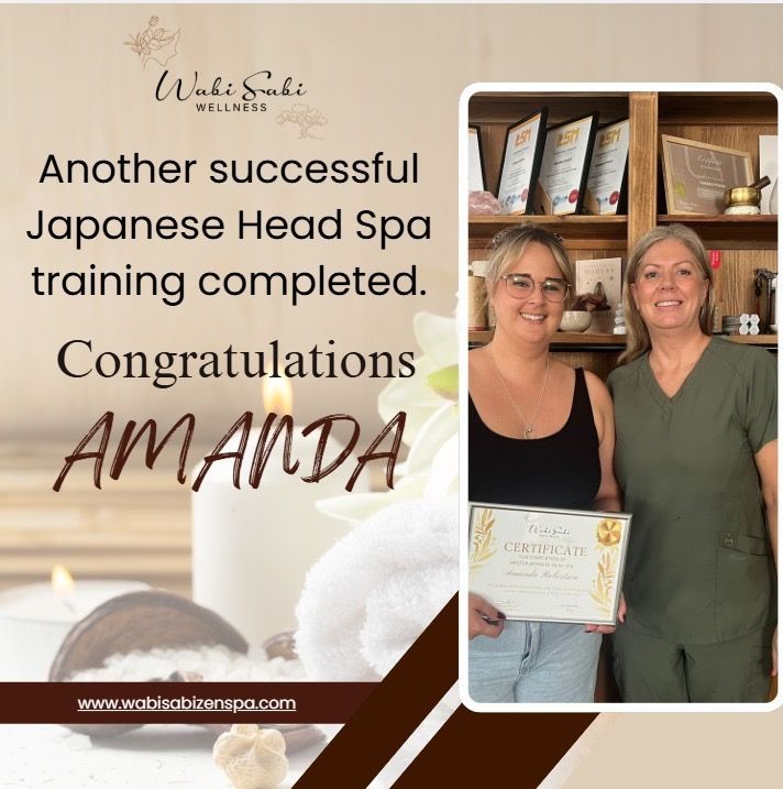 Certificate award photo celebrating Amanda’s Japanese Head Spa training completion, with two women smiling.