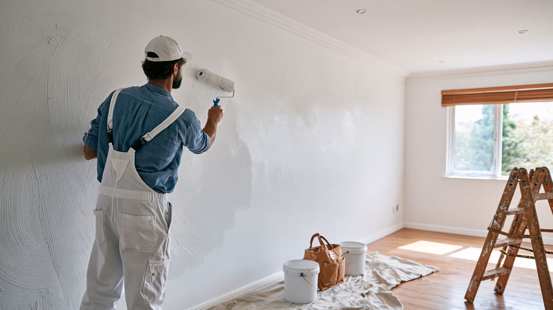 A worker in overalls rolls white paint onto a wall during a residential painting services project.