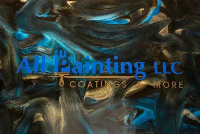 All Painting LLC logo with blue text over a dark marbled background and gold “Coatings & More” text