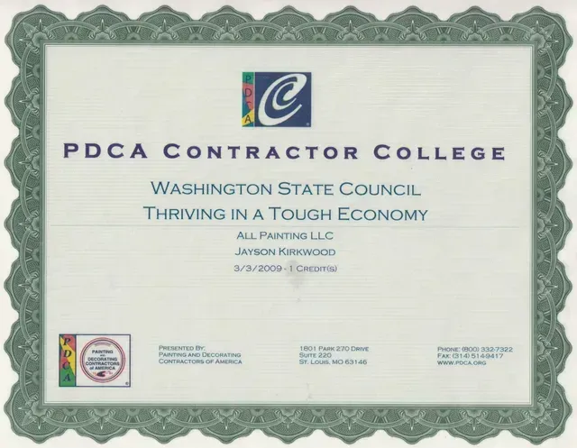 PDCA Contractor College certificate from Washington State Council, bordered in green with gold seal