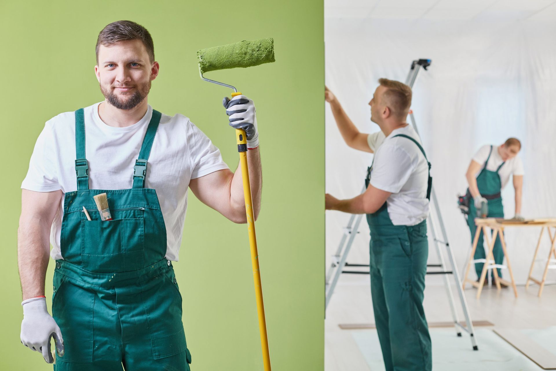 Painter in green overalls holding a paint roller, and two painters in the background, one on a ladde