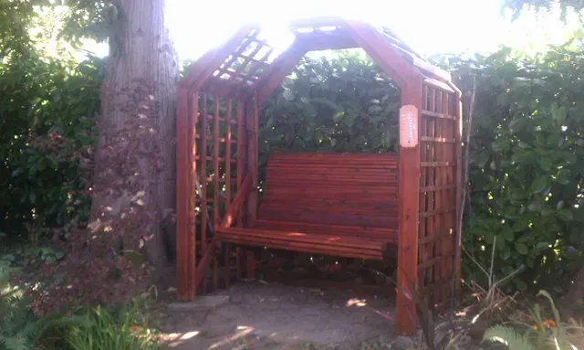 Wooden garden bench under a trellis beside a large tree in a leafy outdoor setting