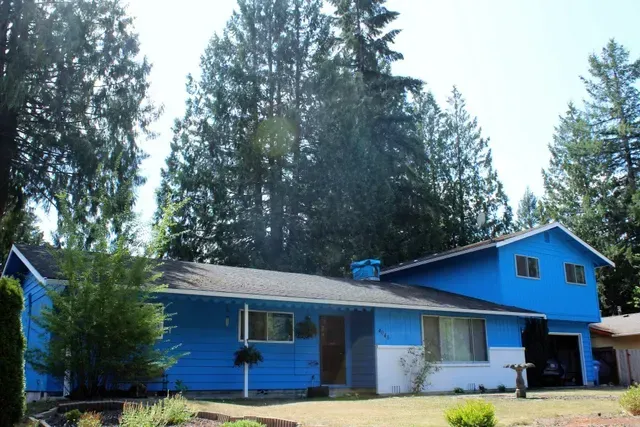Blue house with a white porch, surrounded by tall evergreen trees under a bright sky
