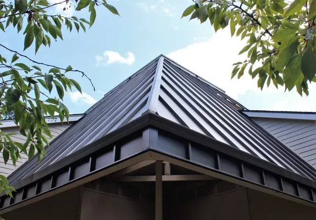 Metal roof peak on a building framed by green tree leaves against a blue sky