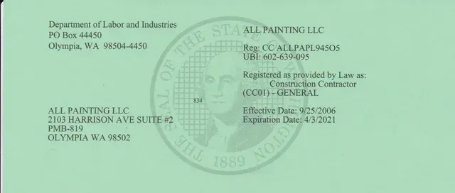 Green receipt/check form with printed business names, addresses, and a faint circular stamp.