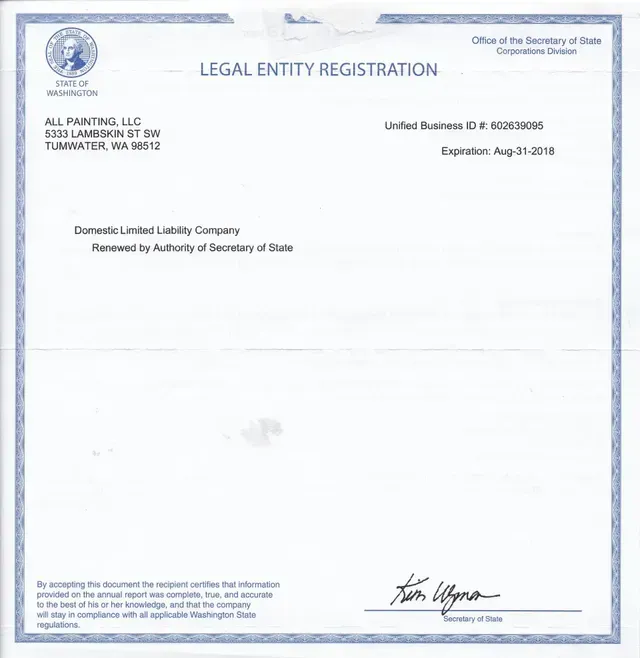 Blue-bordered legal entity registration certificate from the Office of the Secretary of State.