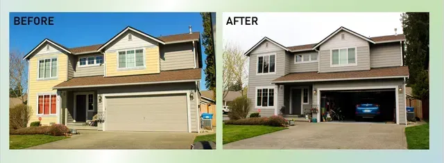 Before-and-after of a house exterior renovation, showing a tan home updated to a darker, more modern facade.