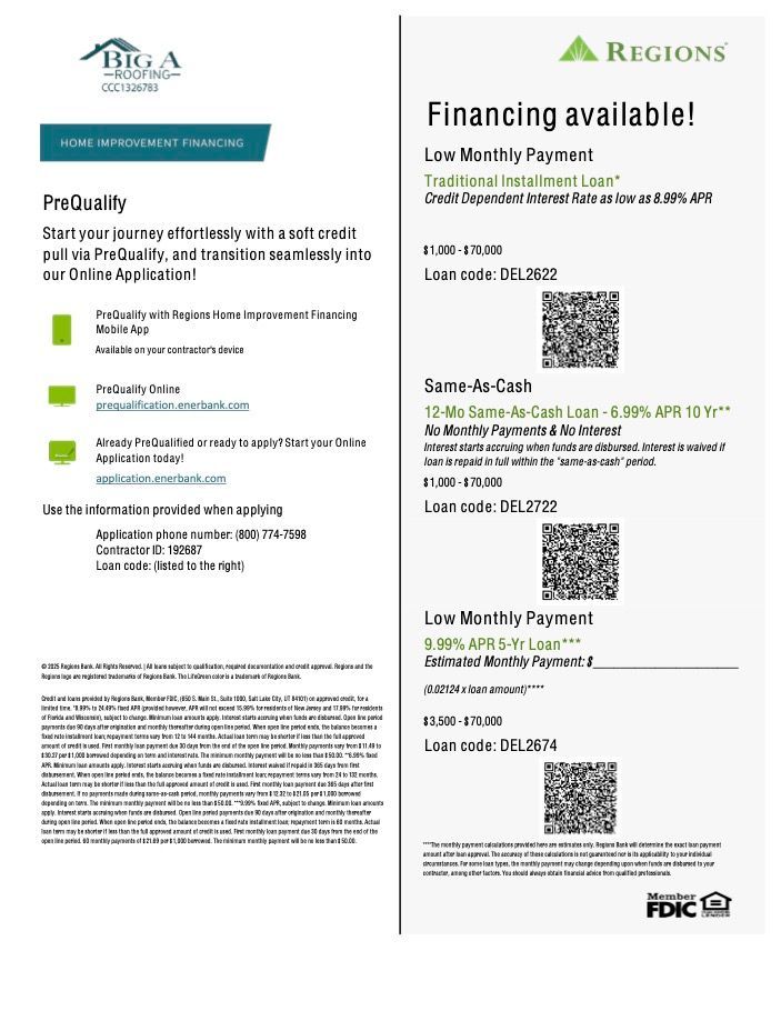 A flyer promoting financing options from Regions Bank for Big A Roofing, featuring QR codes for application links.