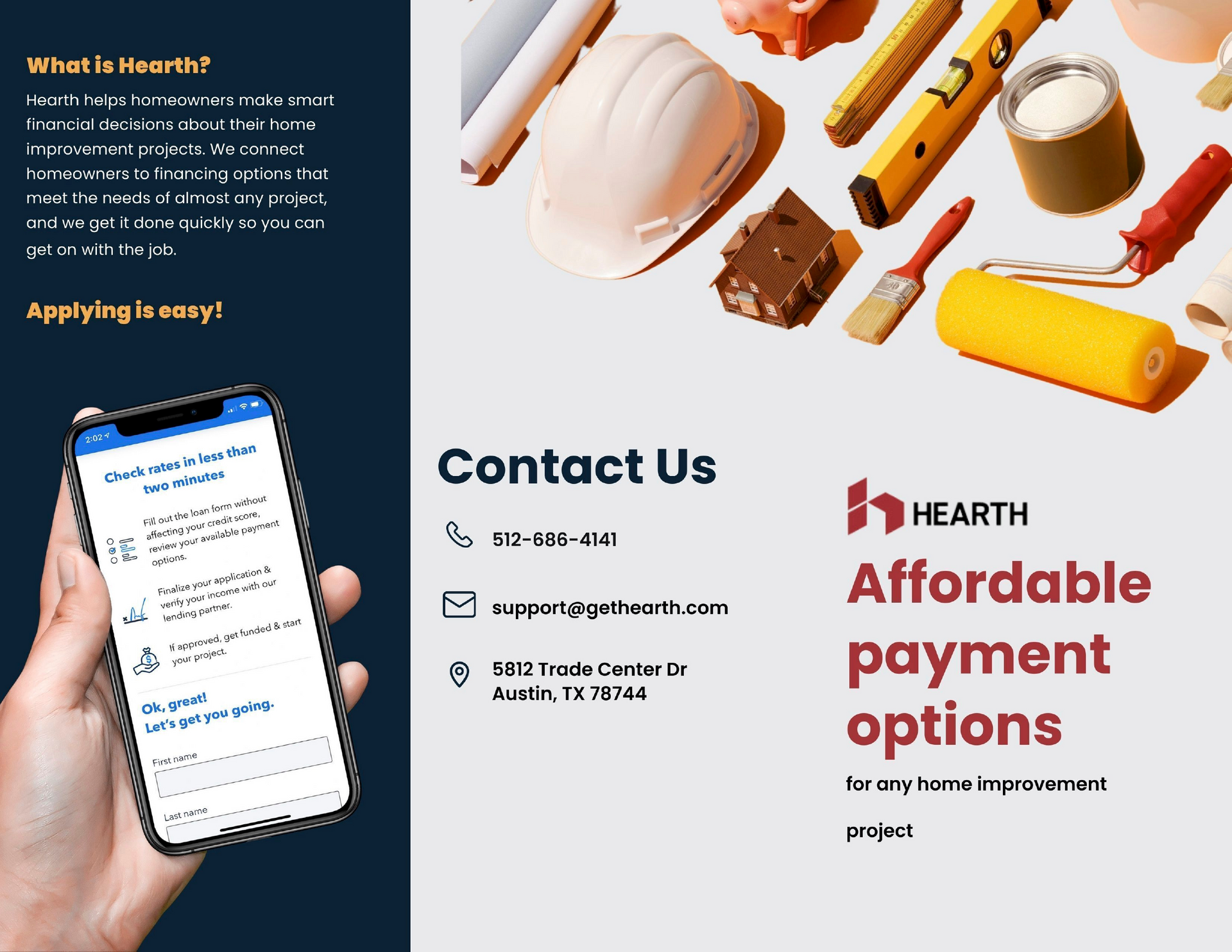 A flyer for Hearth showing construction tools and a hand holding a phone, promoting affordable home improvement loans.