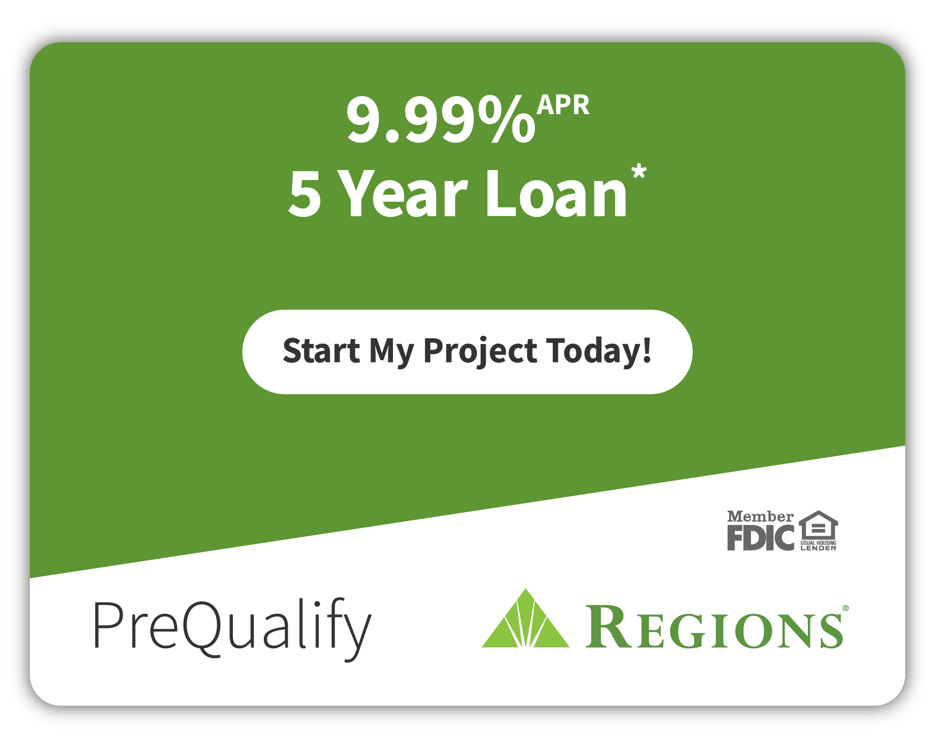 Green Regions bank promotional banner for a 5-year loan at 9.99% APR with a 