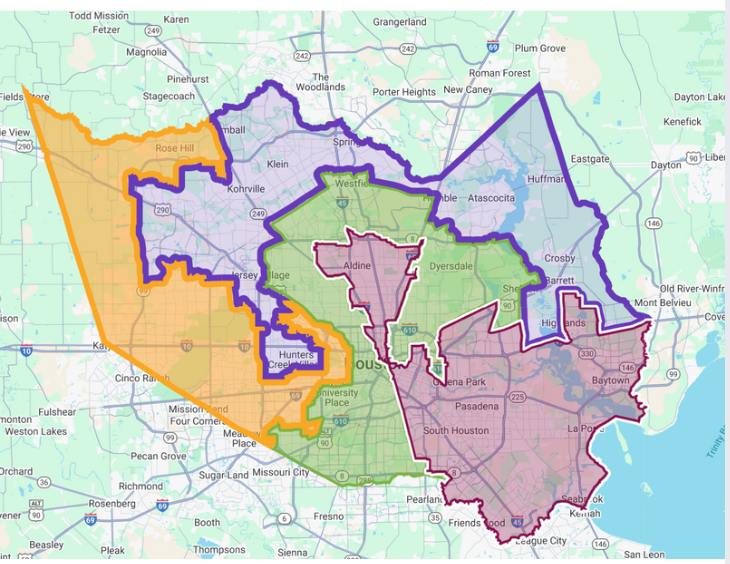 A map showing the boundaries of a county in texas