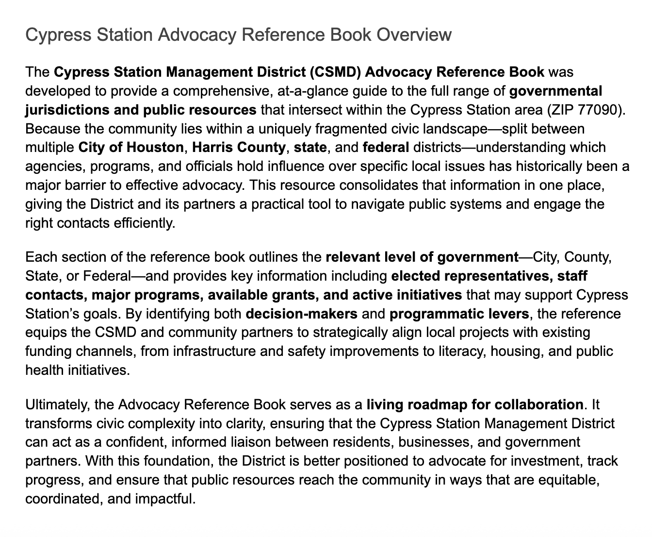 Overview of the Cypress Station Advocacy Reference Book, outlining its purpose and key sections.
