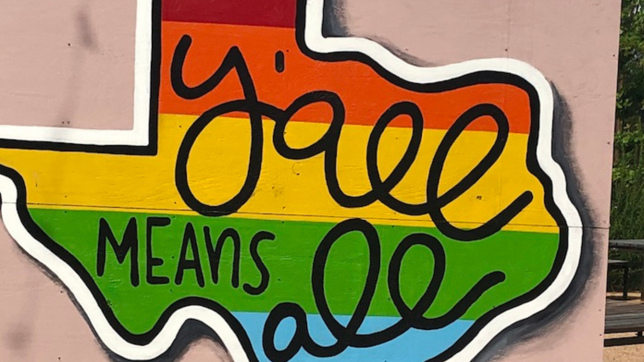 Texas outline in rainbow colors, with text