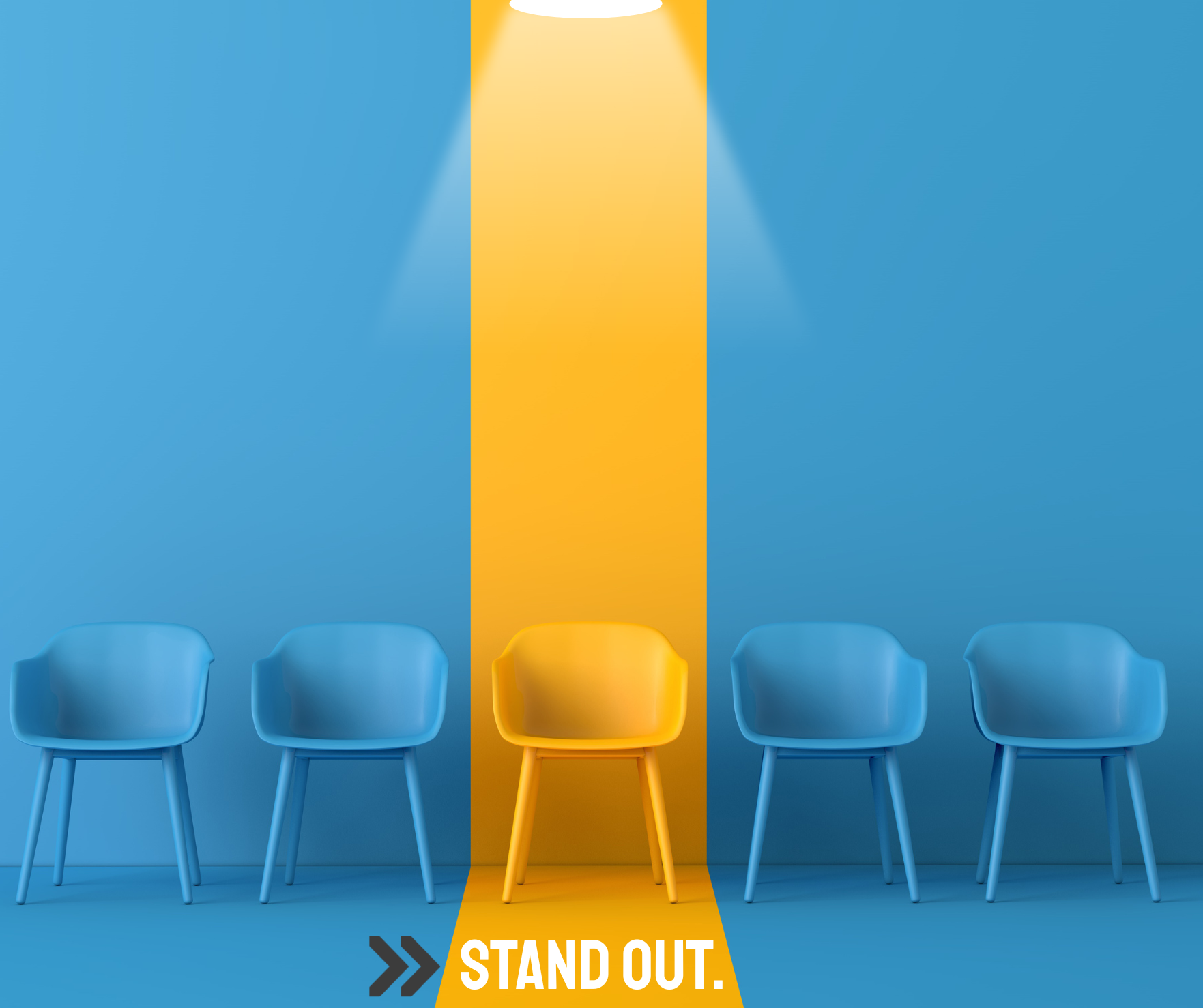 A row of blue chairs sitting next to each other with the middle one highlighted in yellow. The words